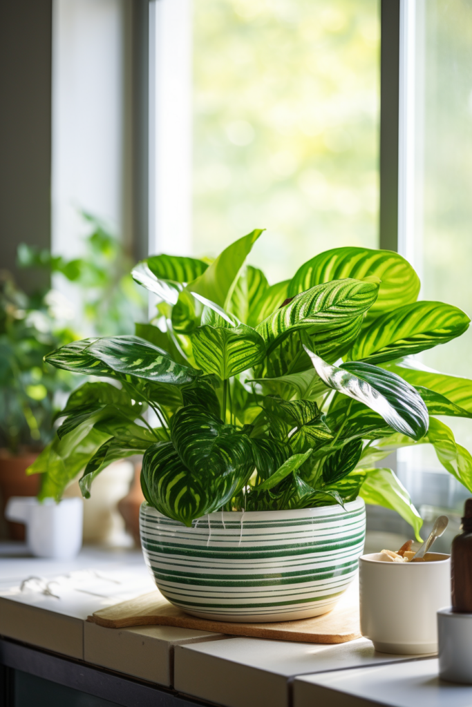 A humidity-loving potted plant sits on a table in front of a window.
