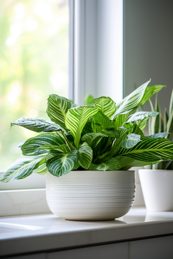 A tropical potted plant sits on a bathroom window sill, thriving in the humidity.