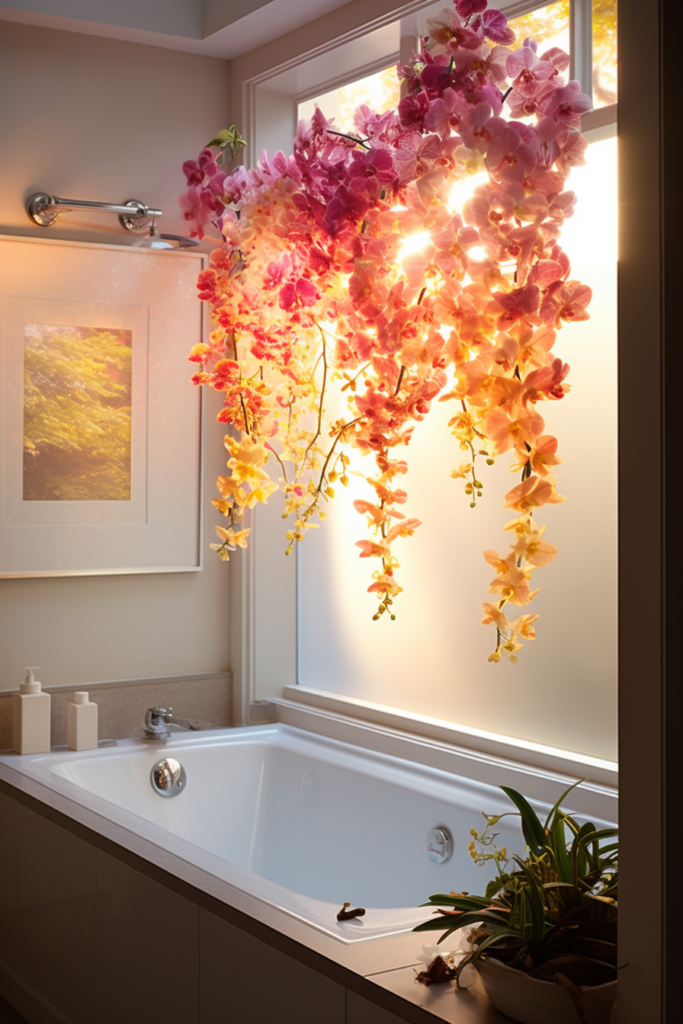 A tropical bathroom with a tub and humidity-loving plants.