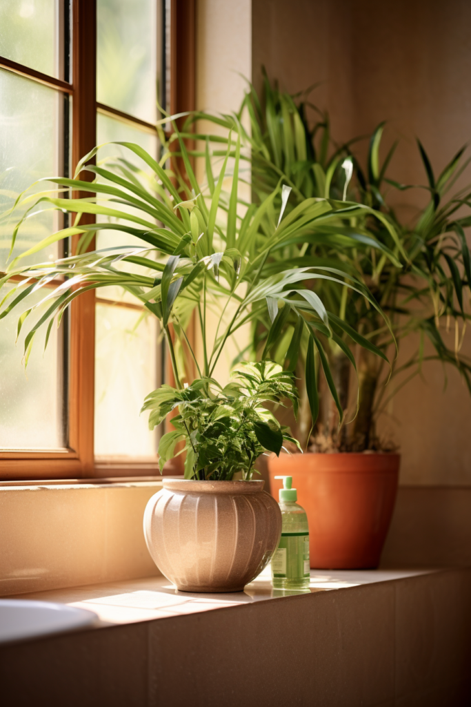 Humidity-loving plants on a window sill in the bathroom.