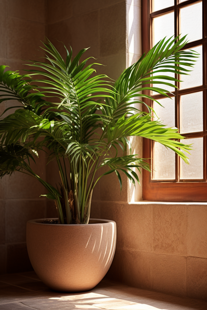 A humidity-loving plant in a pot in front of a bathroom window.