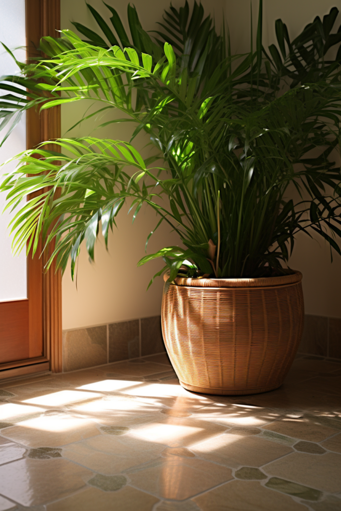 A humidity-loving potted plant in front of a door.