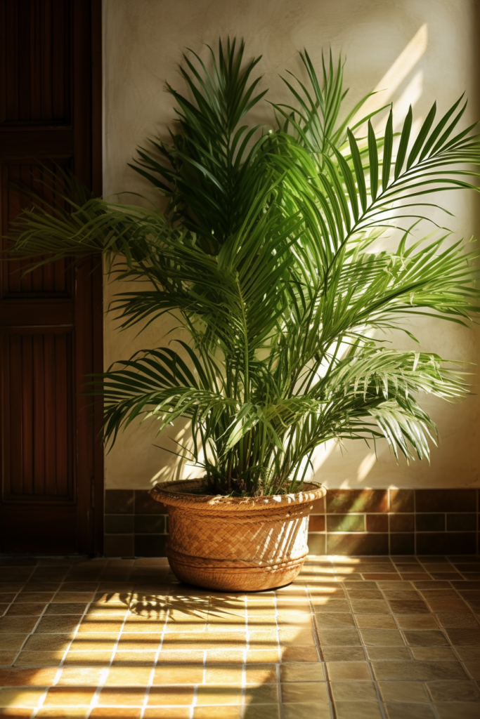 A humidity-loving palm tree in a pot brings a touch of the tropics to any bathroom door.