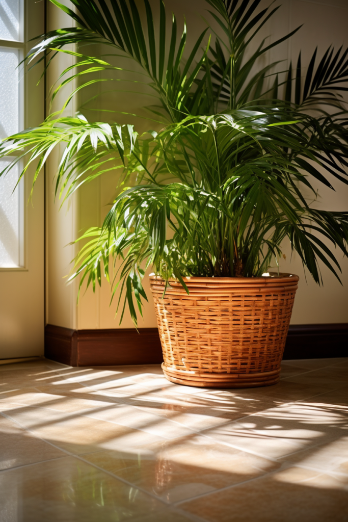 A humidity-loving plant in a wicker basket in front of a window.
