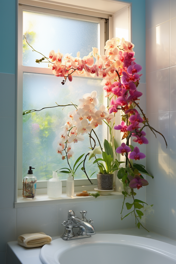 A bathroom window adorned with beautiful humidity-loving flowers, reminiscent of the tropical paradise.