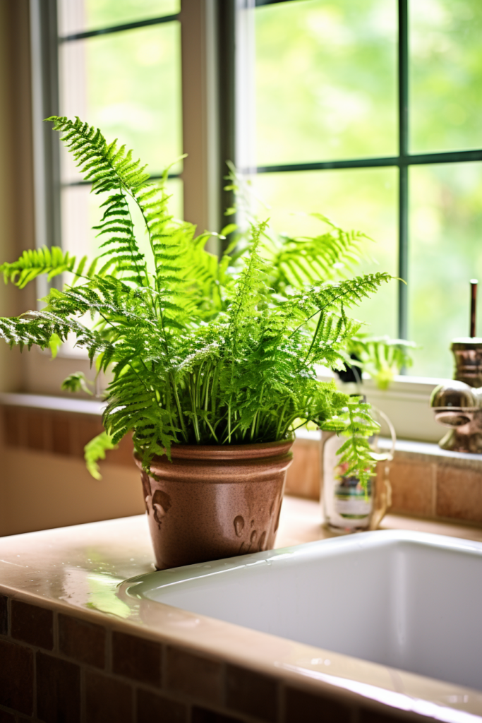 A potted fern, thriving in the bathroom's high humidity, sits on top of a sink.