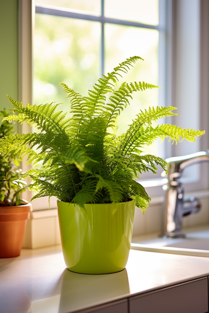 A humidity-loving green potted plant in front of a window.