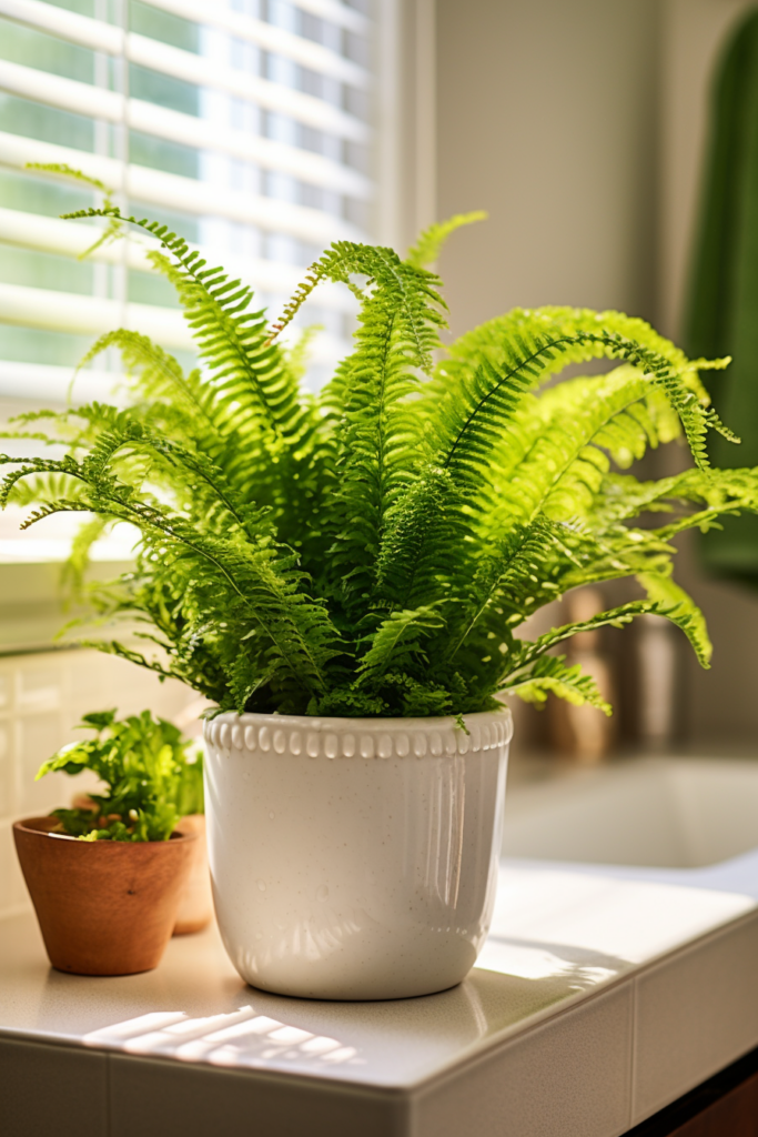 A humidity-loving fern plant on a window sill.