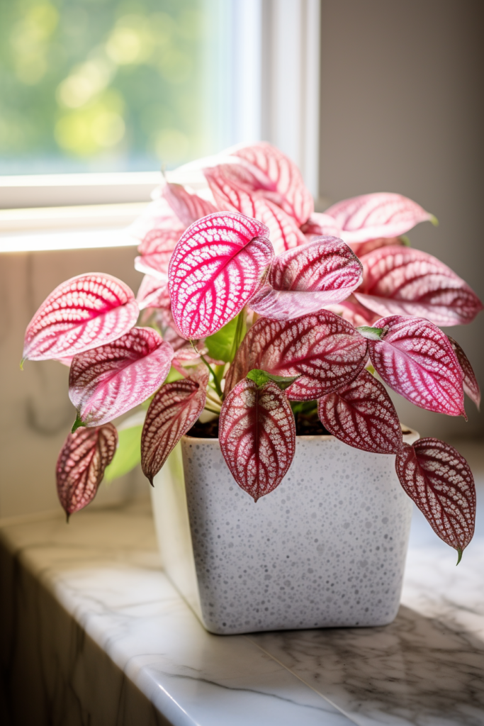 A tropical plant with red and white leaves sits on a window sill.