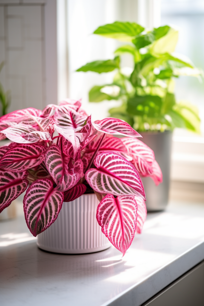 A pink and white humidity-loving plant sits on a bathroom window sill.
