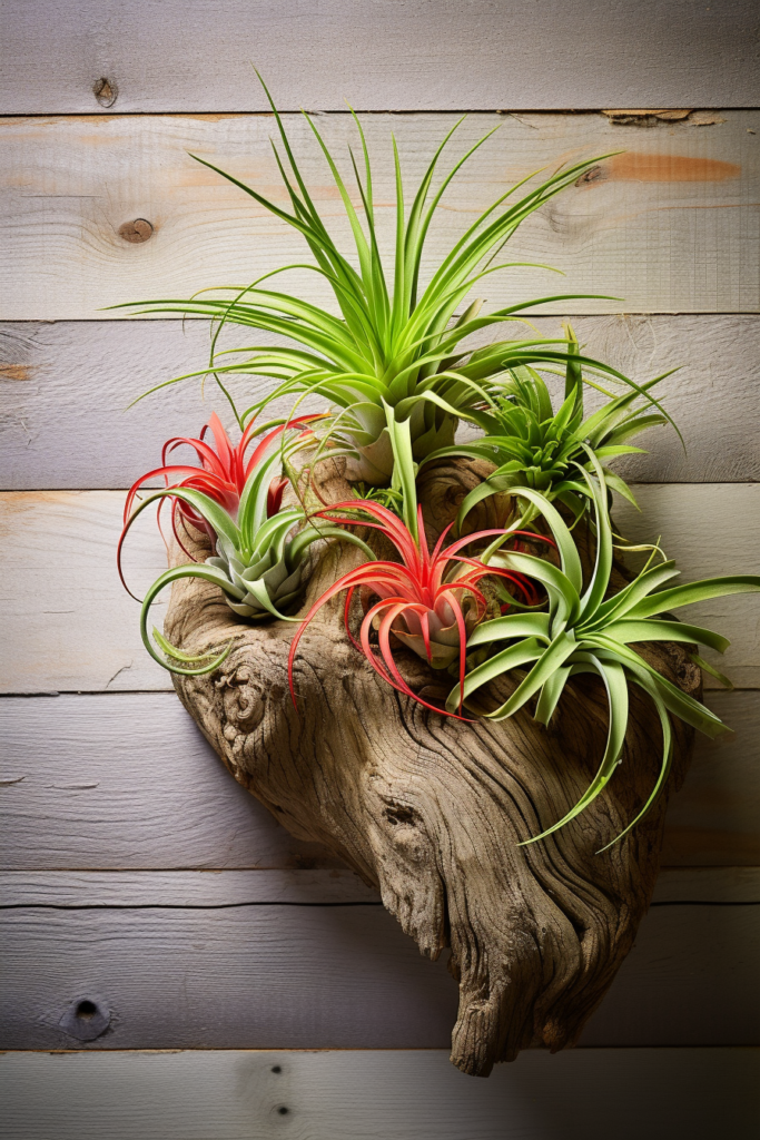 Humidity-loving air plants hanging on a wooden wall in a tropical-inspired bathroom.