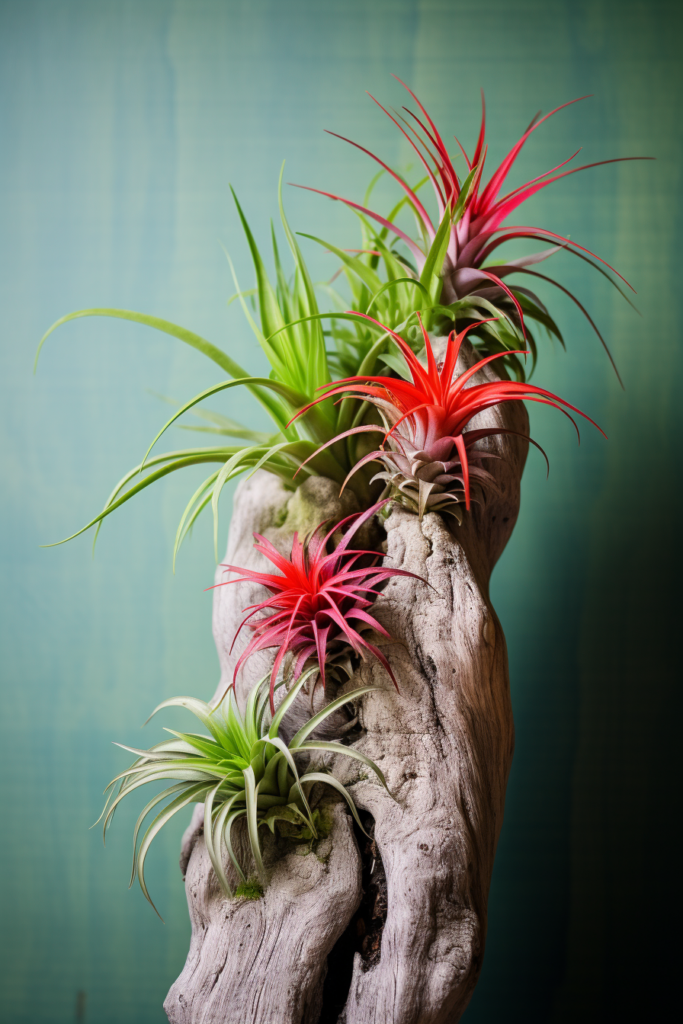 A group of humidity-loving air plants on a wooden stump.