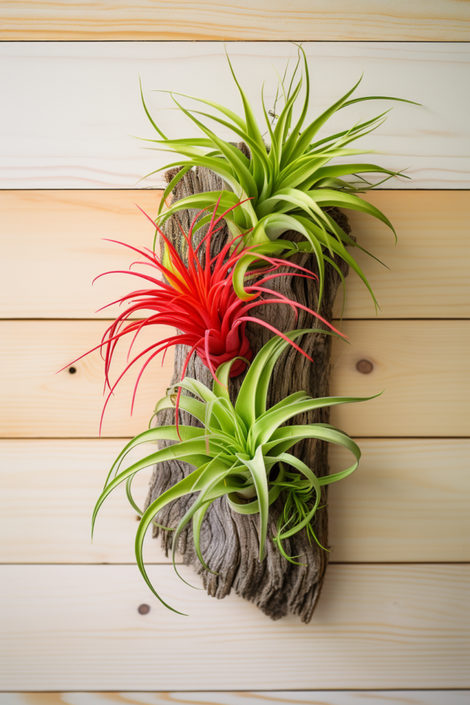 Air plants on a humid tropical wooden background.