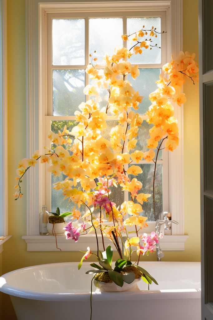 A tropical bathroom adorned with a bathtub filled with humidity-loving flowers.