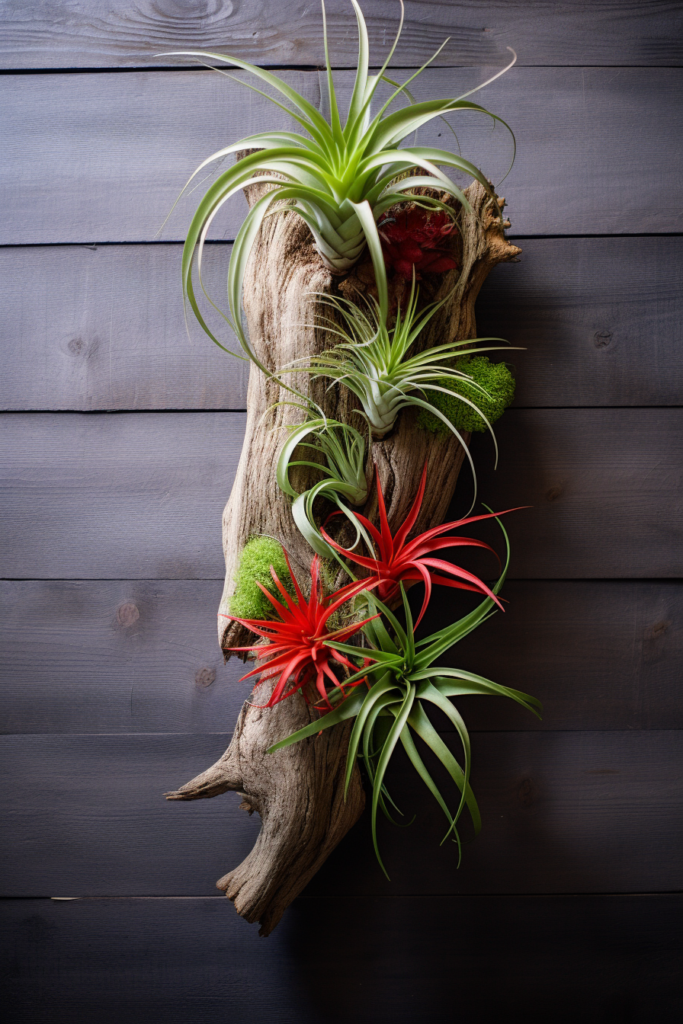 An air plant, a humidity-loving plant, hanging on a wooden log in the tropics.