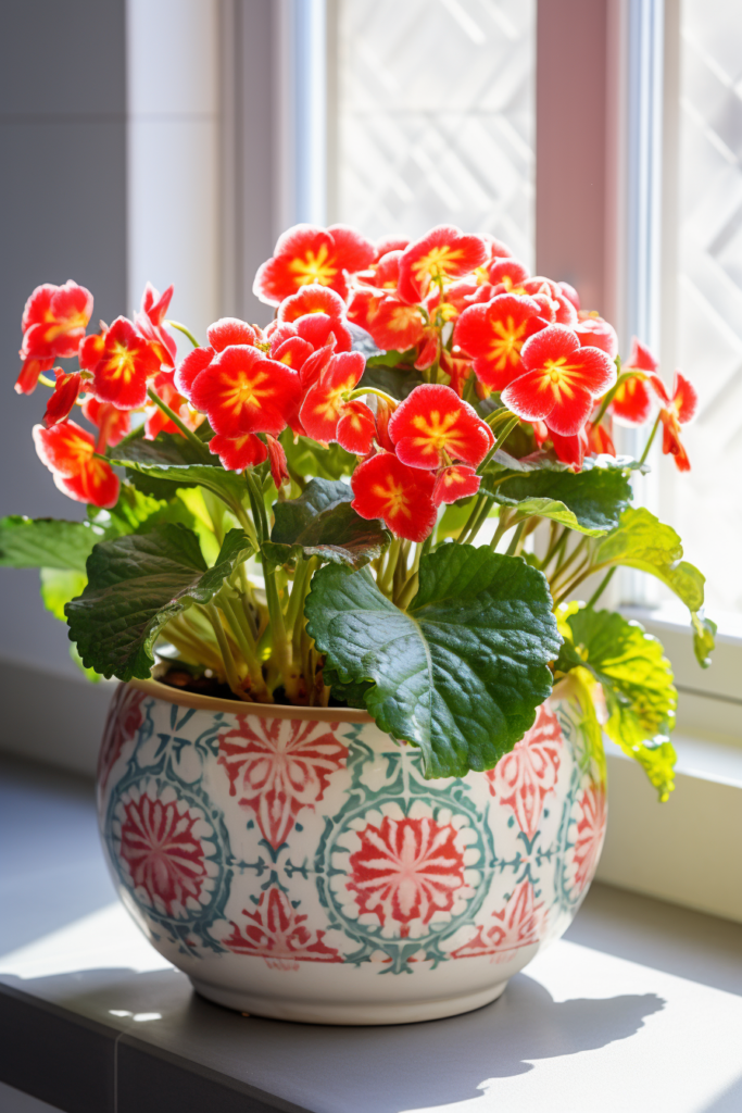 Humidity-loving red geraniums in a pot on a window sill in the tropics.