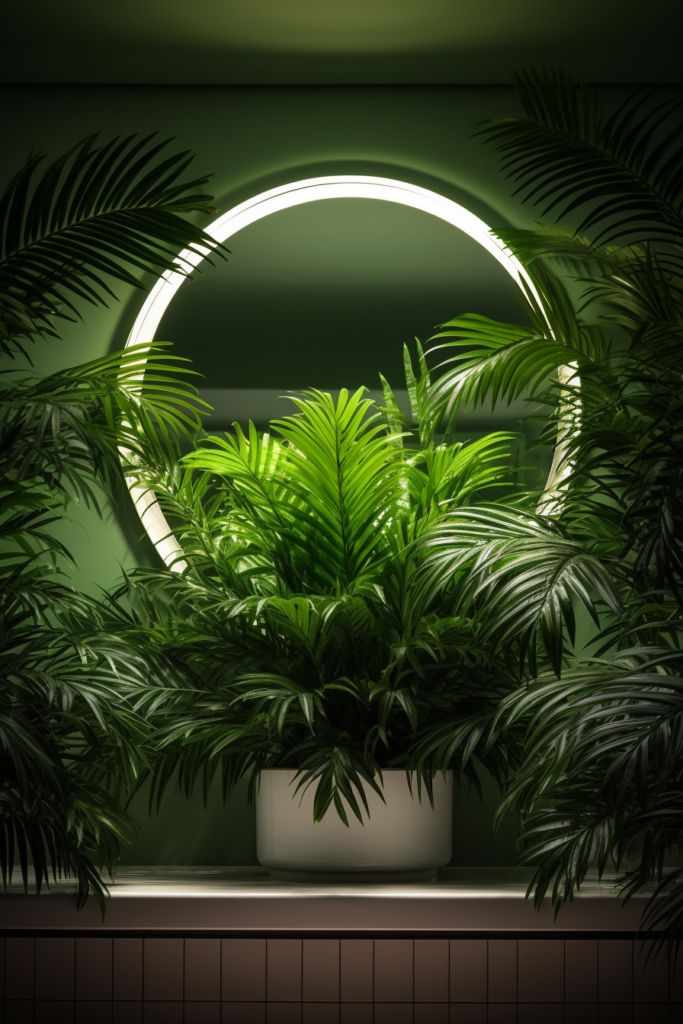 A tropical plant in a pot situated in front of a circular mirror.