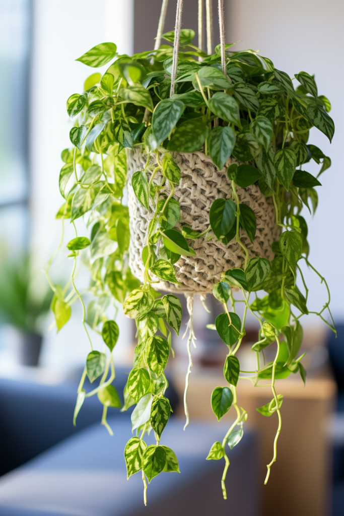 Choosing a ceiling hanging plant in a room with a couch.
