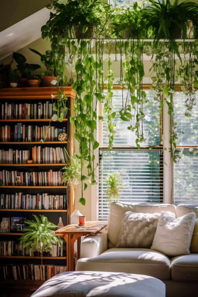A living room with ceiling hanging plants.