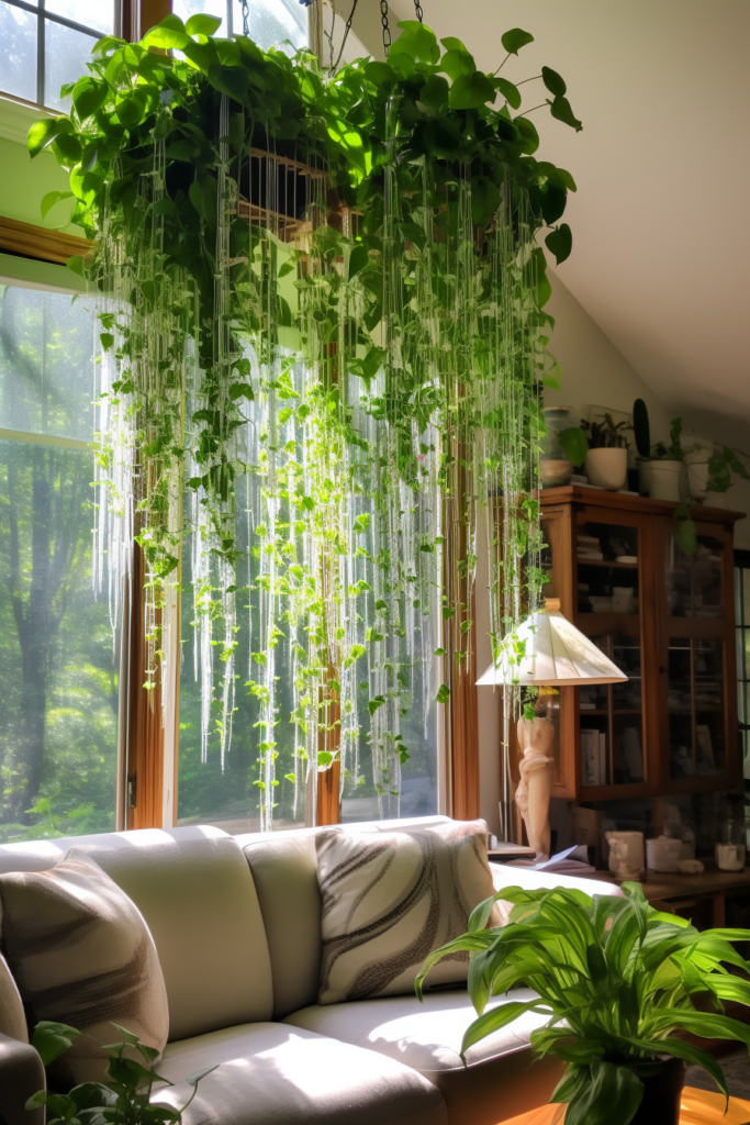 A living room with plants hanging from the ceiling.