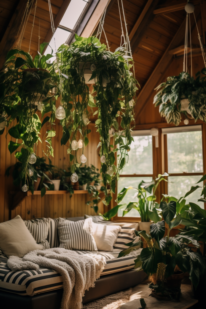         A cozy living room adorned with beautiful plants hanging from the ceiling.