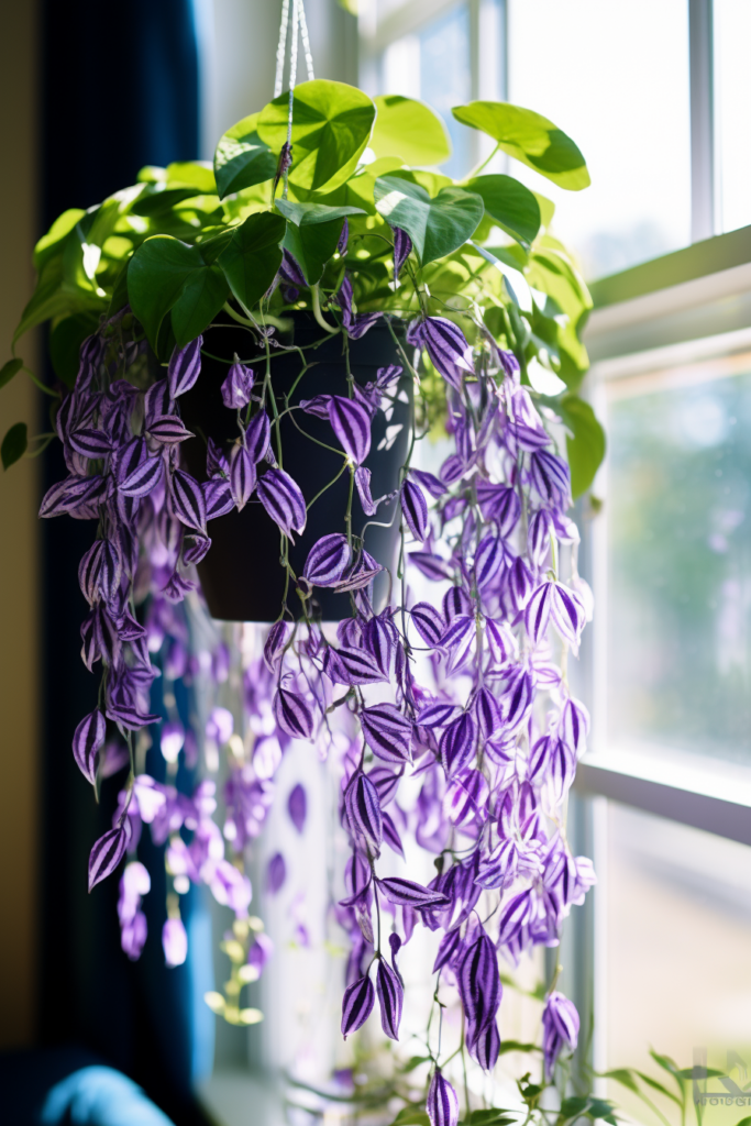 A purple plant hanging from a window sill.