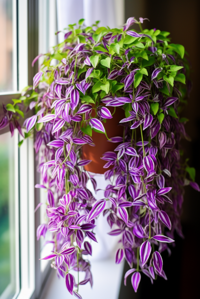 A purple plant hanging from the ceiling.
