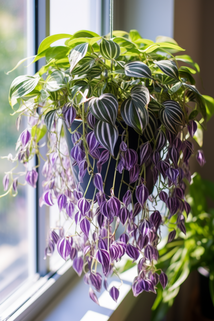 A purple plant hanging from a window sill, adding a touch of nature's beauty to your ceiling-hanging ambiance.