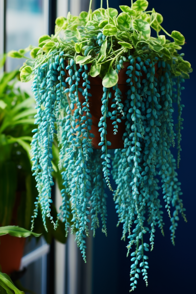 Choosing a ceiling hanging plant in a window.