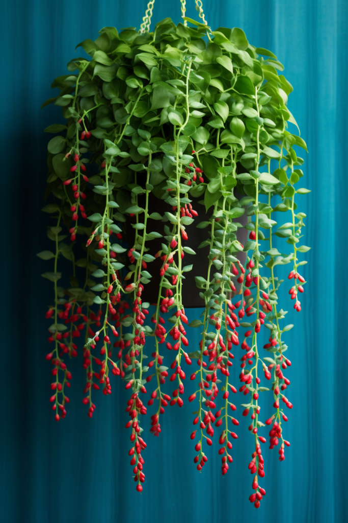 Choosing a ceiling hanging plant with red berries on a blue wall.