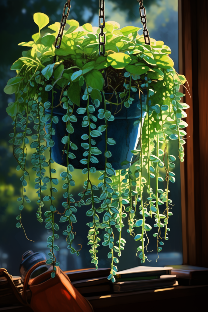 A ceiling hanging plant gracefully adorns a window.