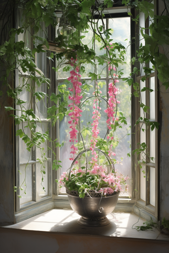 Choosing the right plants for a window sill with a pot of pink flowers.