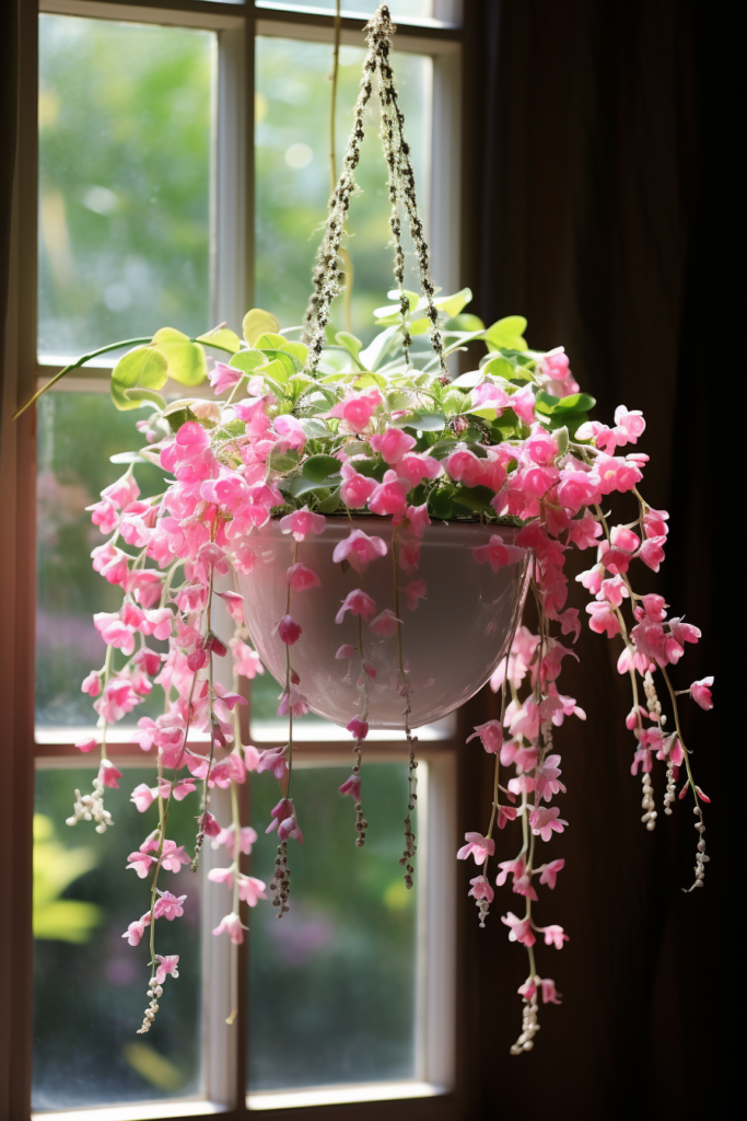 Choosing a hanging basket of pink flowers for a window sill.