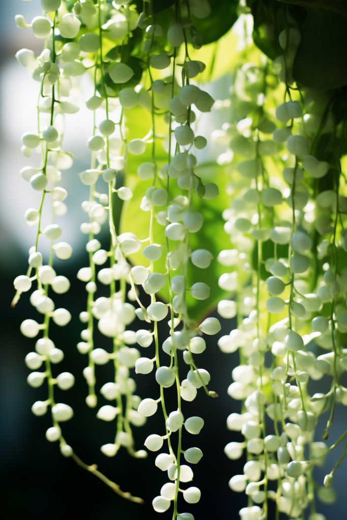 White wisteria flowers hanging from a ceiling.