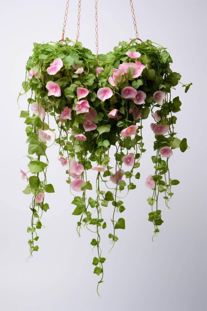 A ceiling hanging planter with heart shape, adorned with pink flowers.