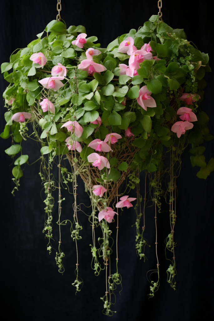 Choosing the right plants for a heart-shaped ceiling hanging planter, filled with beautiful pink flowers.