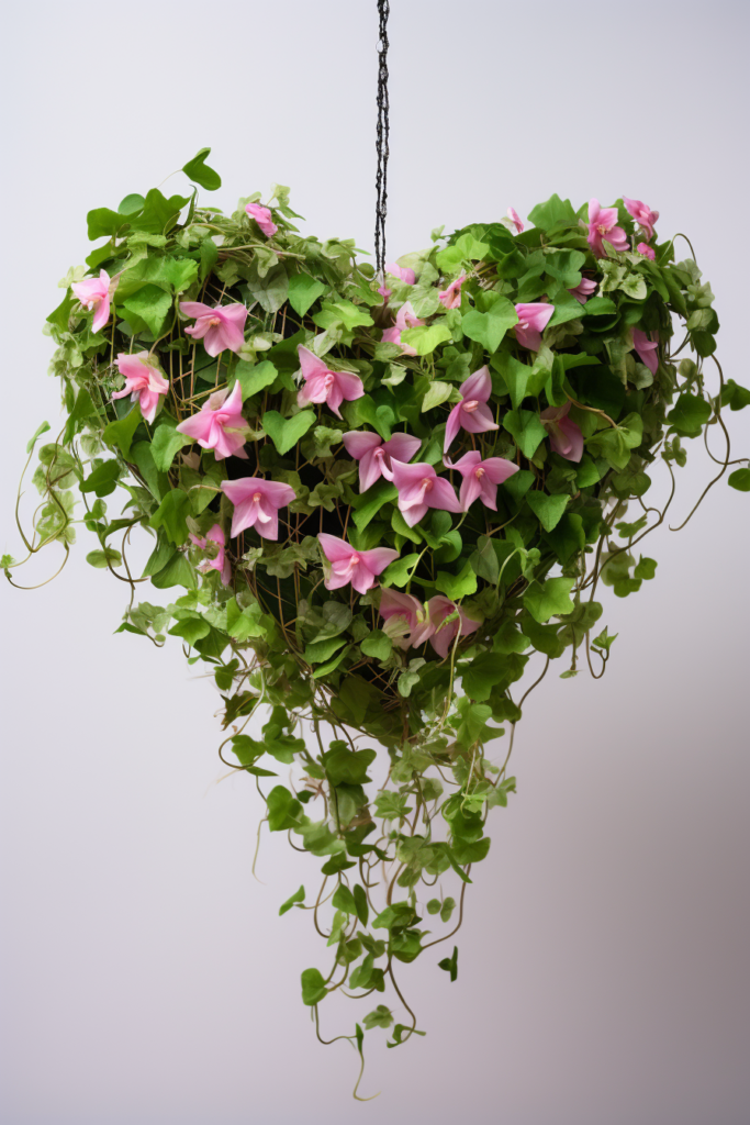 A heart shaped hanging planter with pink flowers is perfect for adding a touch of romance and charm to any space. This enchanting design features beautiful pink flowers cascading from the planter,