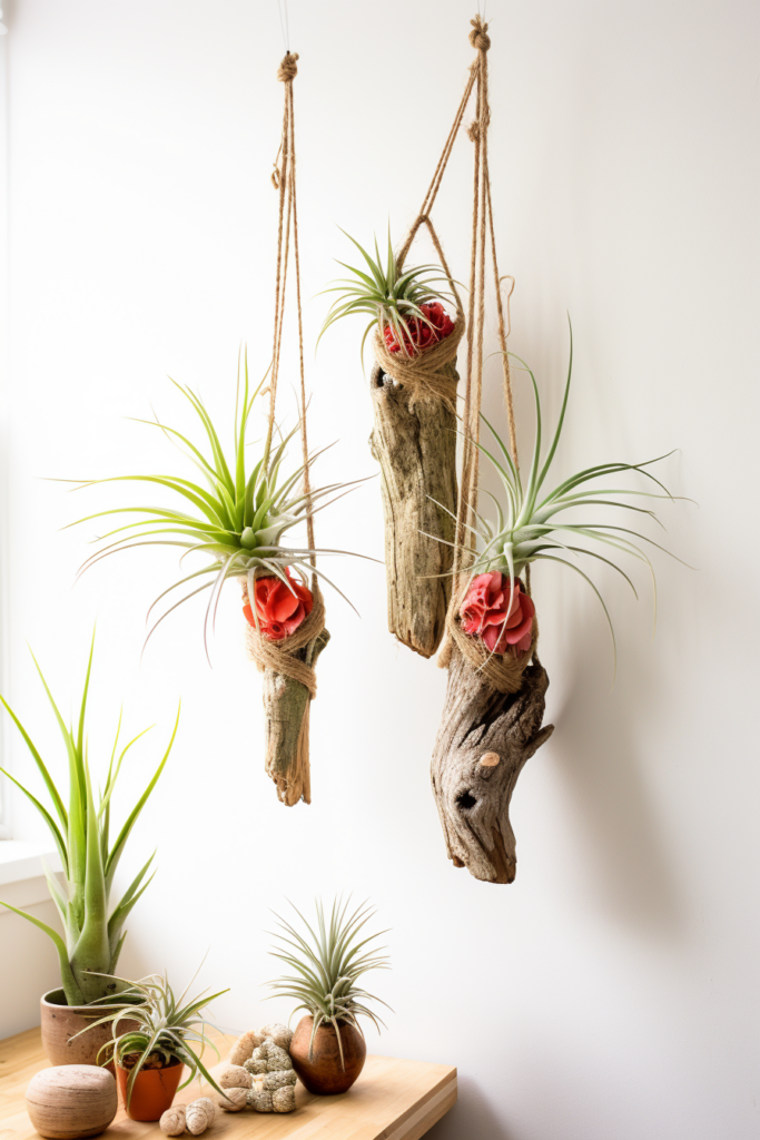 Three air plants ceiling hanging in a wall.