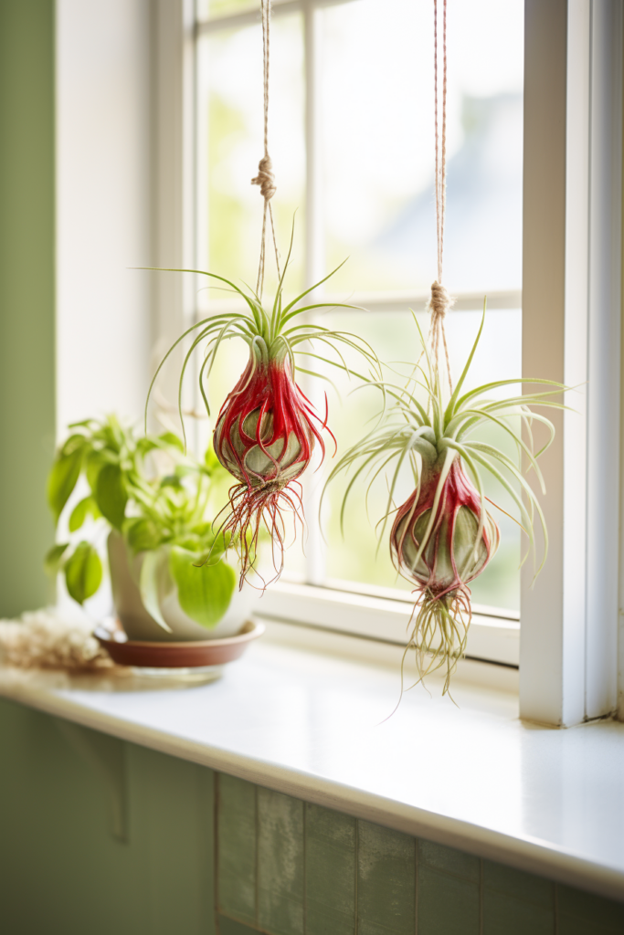 Choosing the right plants for ceiling hanging, two air plants hanging from a window sill.