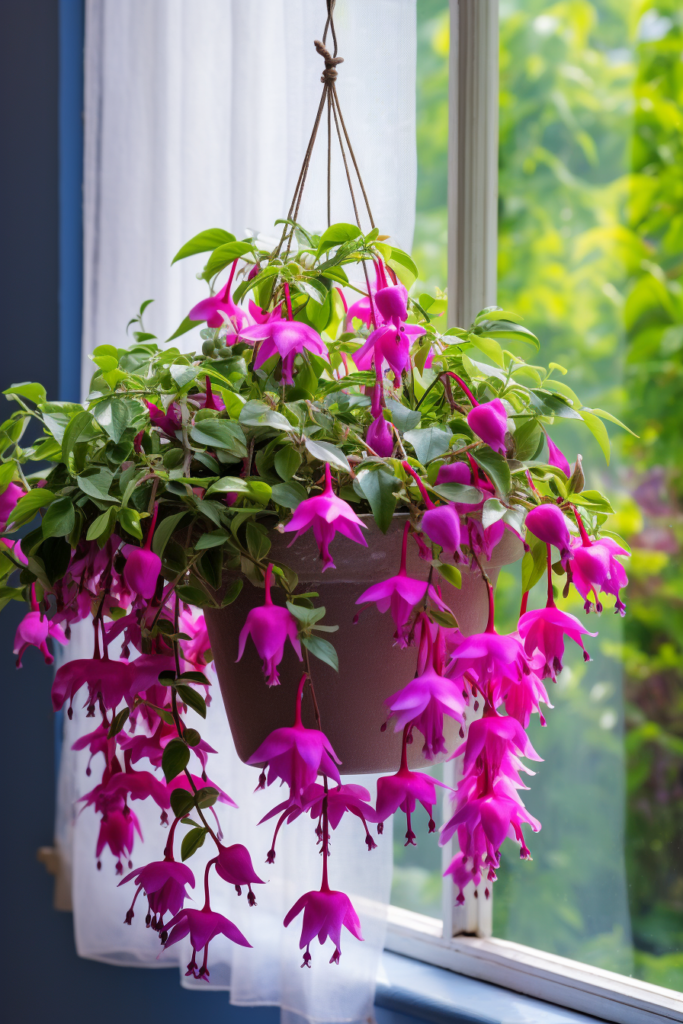 Pink fuchsia plants hanging from a window sill.