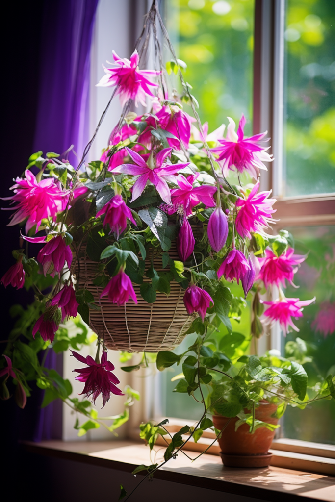 Ceiling Hanging fuchsia plants in a basket on a window sill.