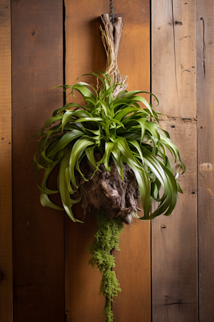 A ceiling-hanging air plant adds a touch of greenery to a wooden wall.