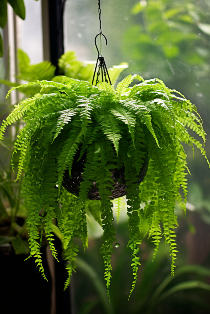 Choosing a hanging basket of ferns for a window display.