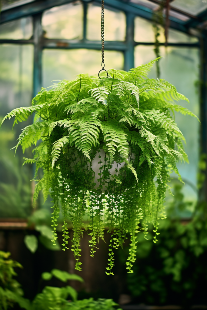 A ceiling hanging fern plant in a greenhouse.