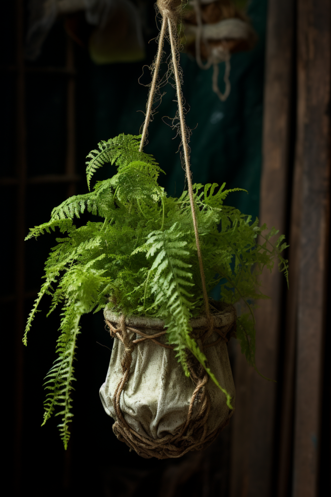 A ceiling hanging planter with a fern in it.