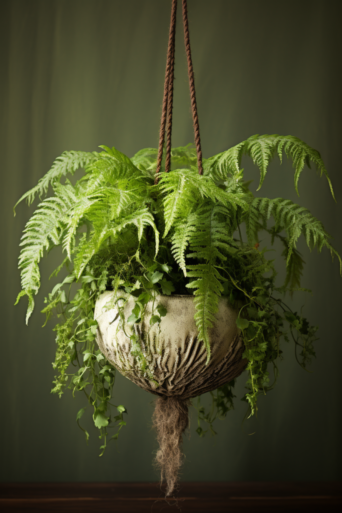 A ceiling hanging planter with ferns on a dark background, perfect for choosing plants for your space.