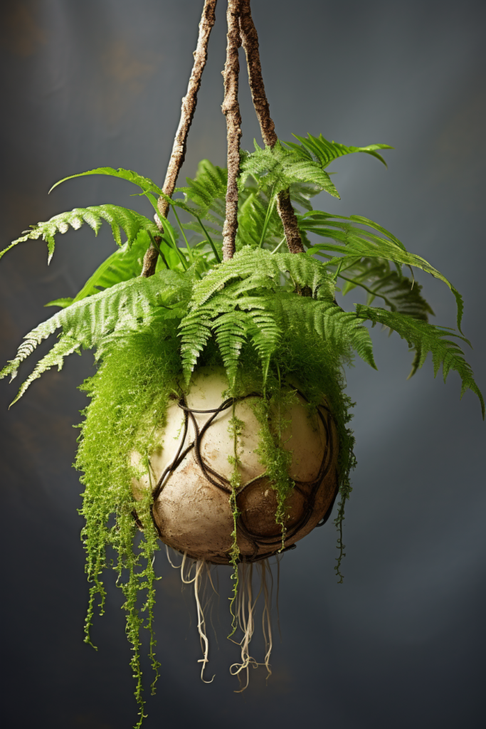 A ceiling planter with ferns and moss.