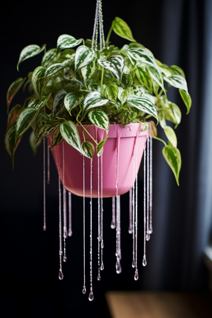 A pink planter ceiling hanging from which water is dripping, perfectly suited for adding greenery to your space.