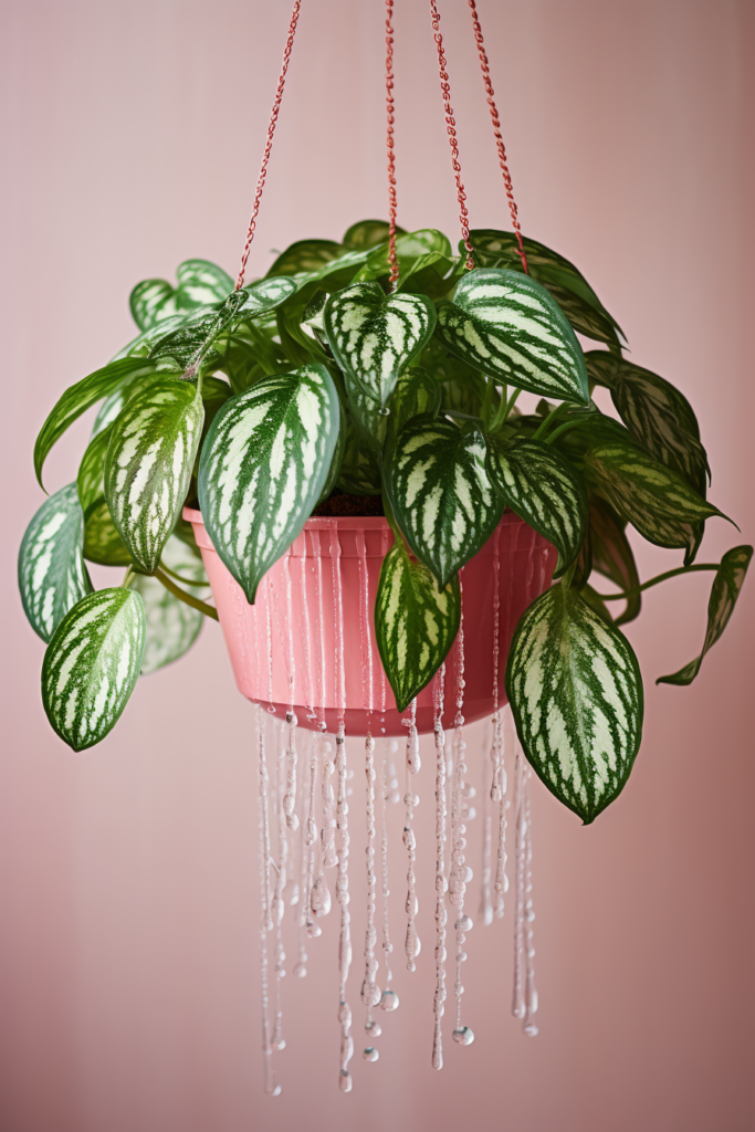 Choosing a ceiling hanging plant in a pink pot.