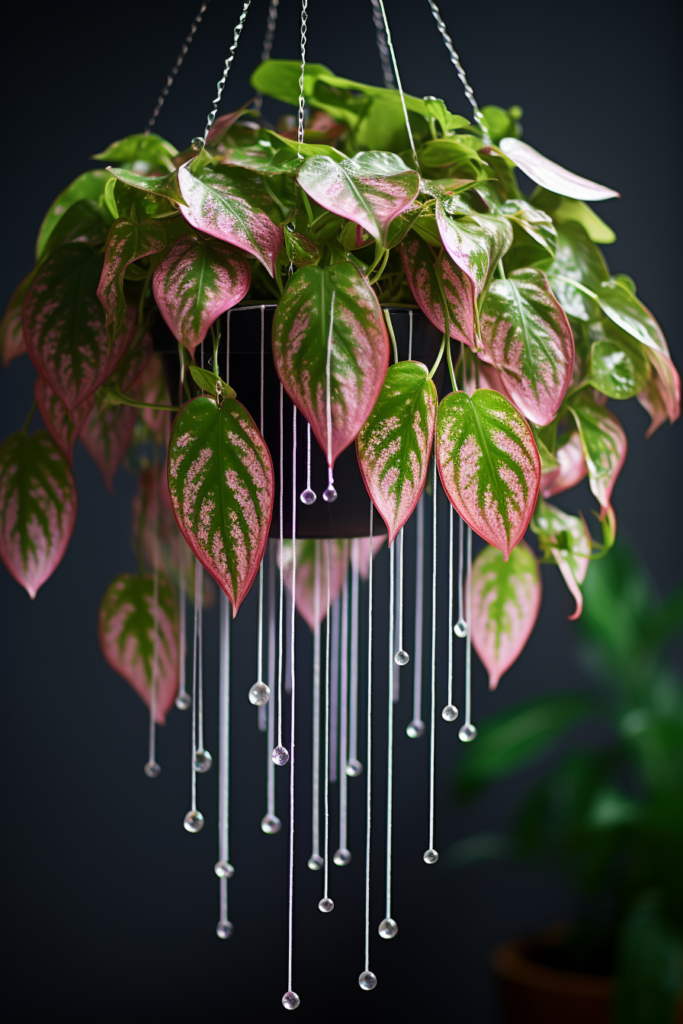 When choosing the right plants for ceiling hanging, consider a stunning hanging plant with pink and green leaves.